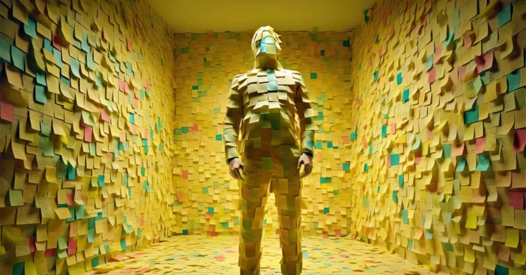 A man covered in sticky notes, overwhelmed by notes, Generative AI